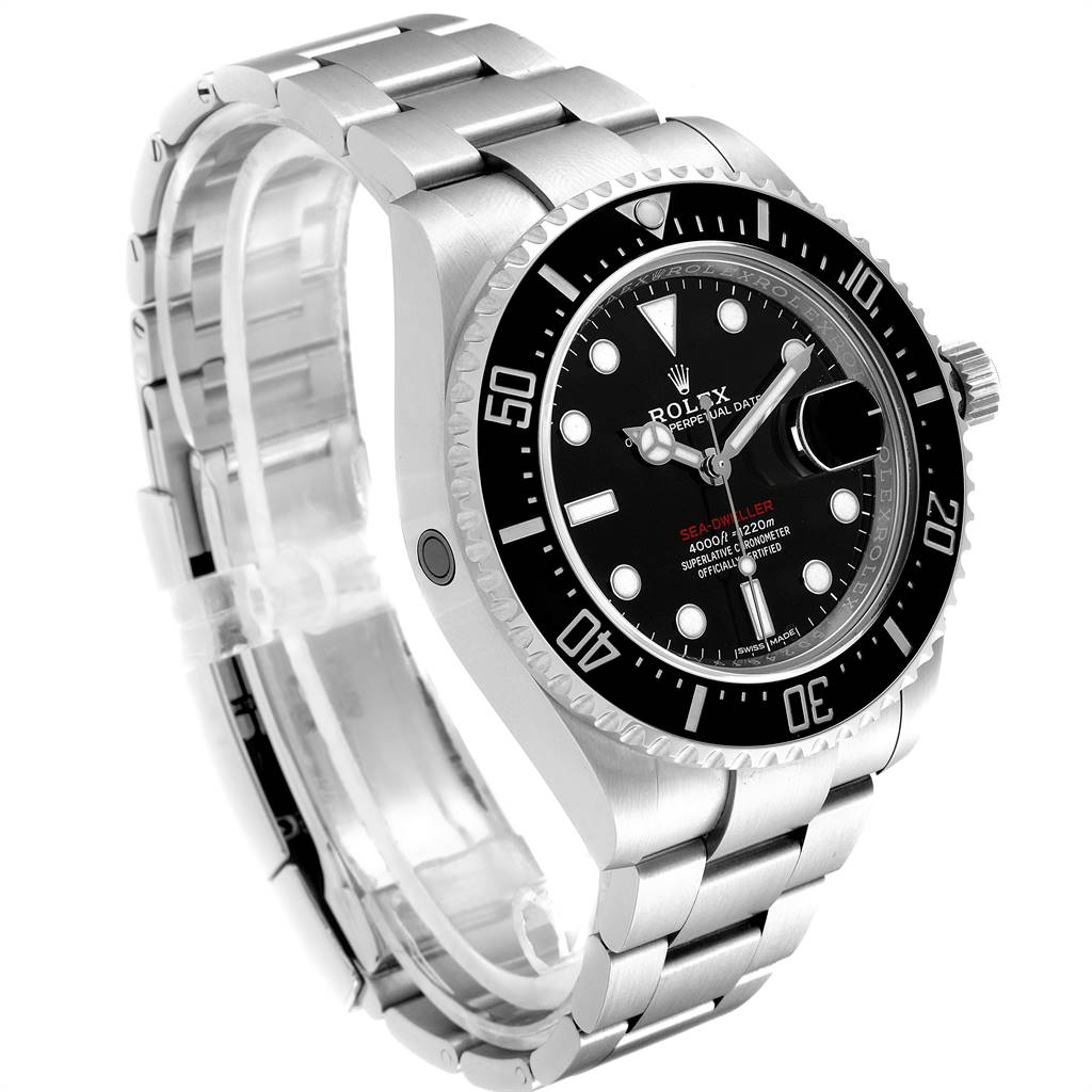 The image shows a Rolex Sea-Dweller 126600 Men's Stainless Steel Black Dial 126600 Men's Stainless Steel Black Dial watch from an angled side view, highlighting the bracelet, bezel, and face details.