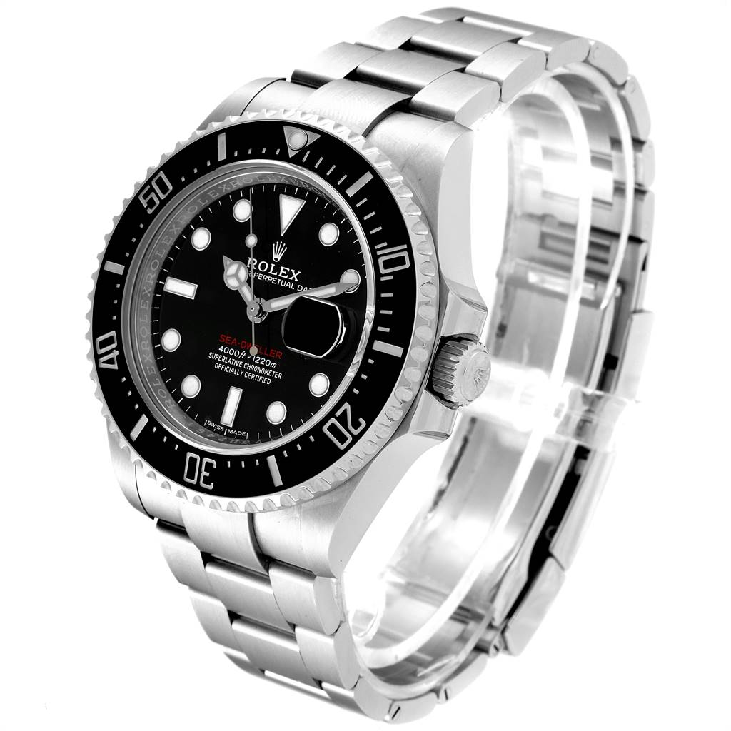 The image shows a Rolex Sea-Dweller 126600 Men's Stainless Steel Black Dial 126600 Men's Stainless Steel Black Dial watch at a 3/4 angle, highlighting the dial, bezel, crown, and bracelet.