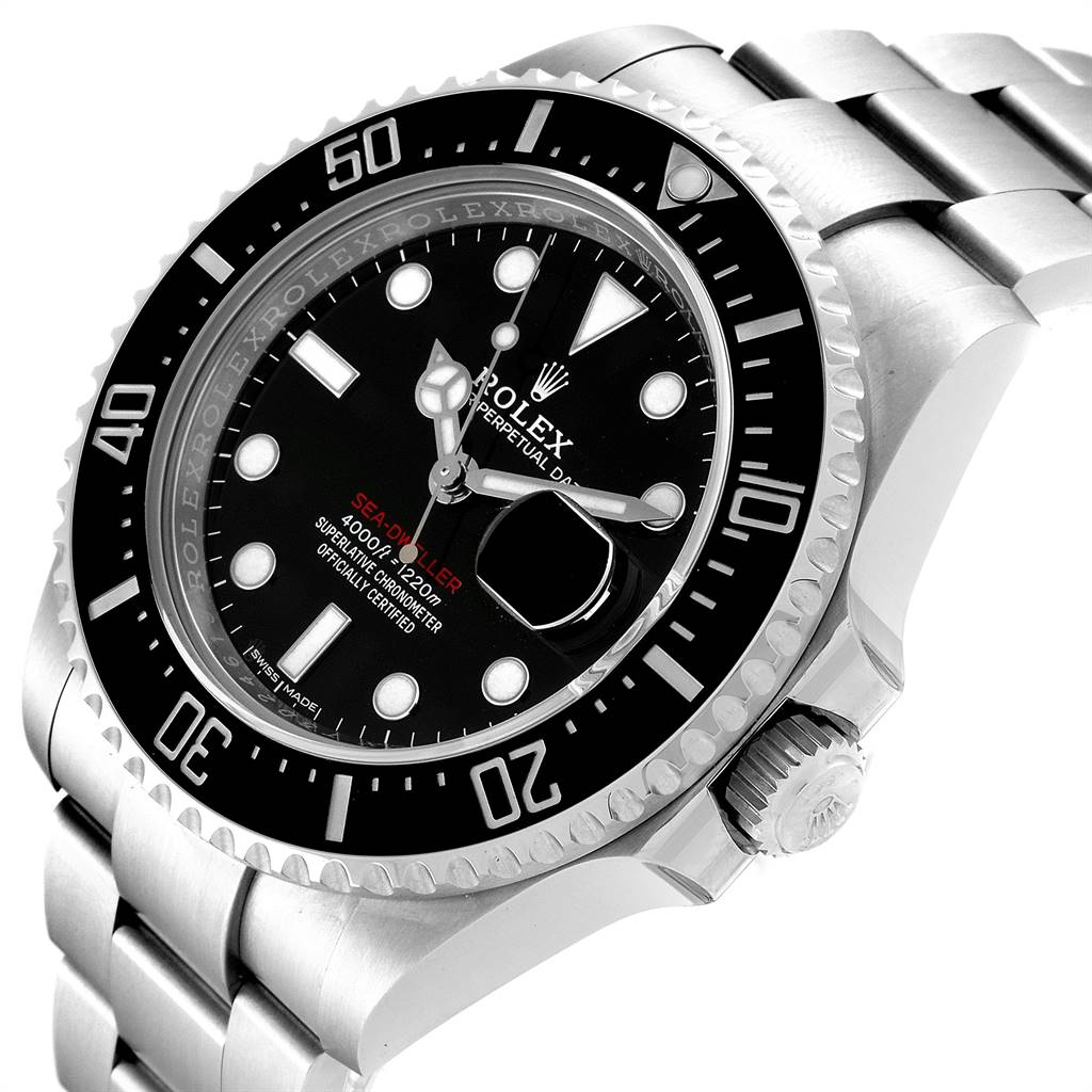 The image shows the Rolex Sea-Dweller 126600 Men's Stainless Steel Black Dial 126600 Men's Stainless Steel Black Dial watch at a slight angle, highlighting the dial, bezel, and part of the metal bracelet.