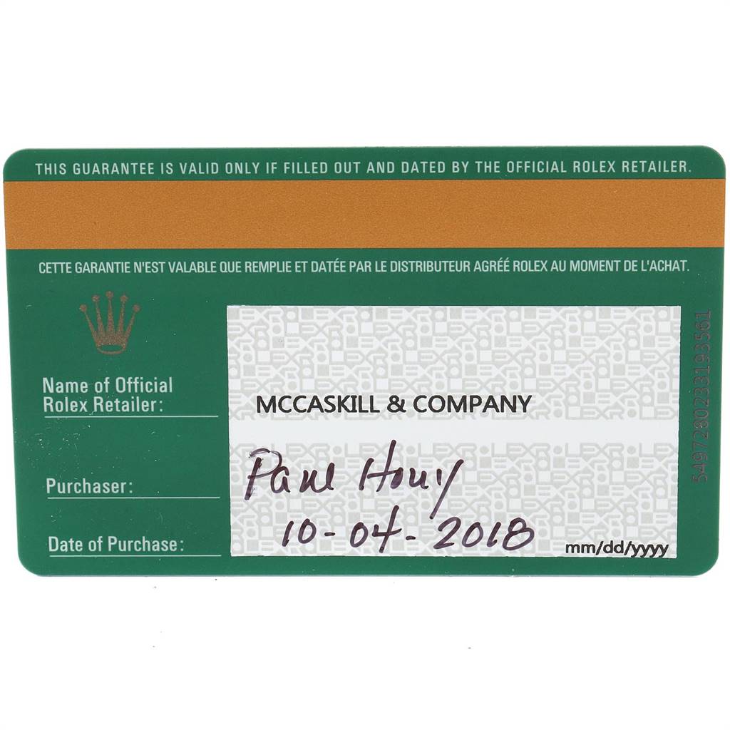 This image shows the warranty card for the Rolex Sea-Dweller 126600 Men's Stainless Steel Black Dial 126600 Men's Stainless Steel Black Dial model, including retailer details and purchase date.