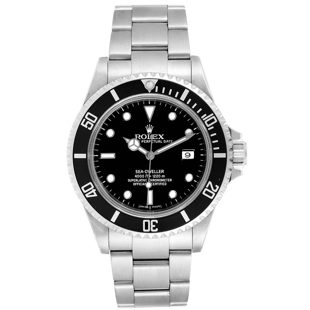 The image shows a front view of the Rolex Sea-Dweller 16600 Men
s Stainless Steel Black Dial 16600 Men
s Stainless Steel Black Dial watch, displaying the dial, bezel, and bracelet.