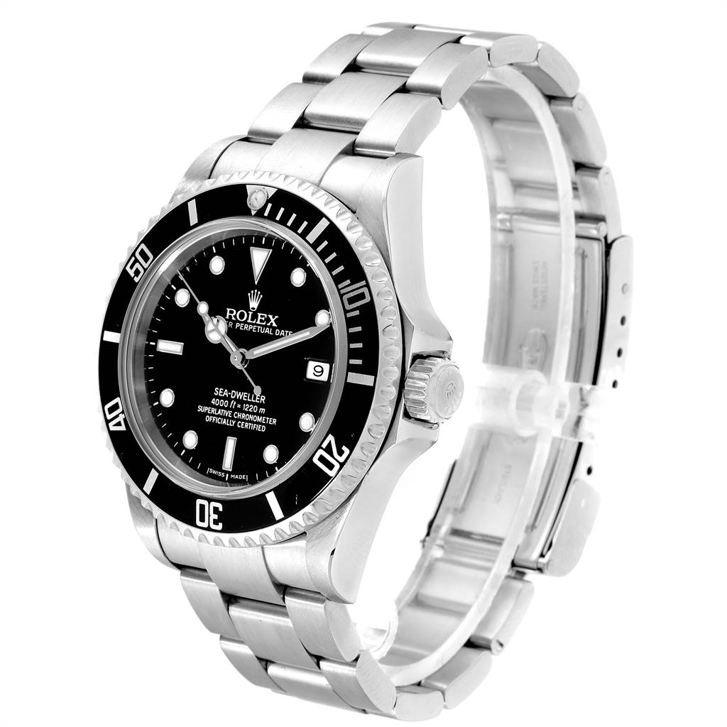 The image shows a side angle of the Rolex Sea-Dweller 16600 Men
s Stainless Steel Black Dial 16600 Men
s Stainless Steel Black Dial watch, highlighting the face, bezel, and bracelet.