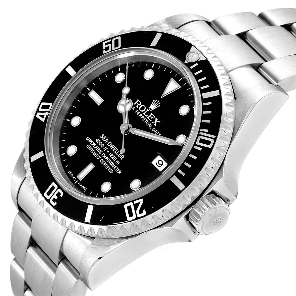The image shows a close-up angled view of a Rolex Sea-Dweller 16600 Men
s Stainless Steel Black Dial 16600 Men
s Stainless Steel Black Dial watch, displaying its dial, bezel, crown, and part of the bracelet.