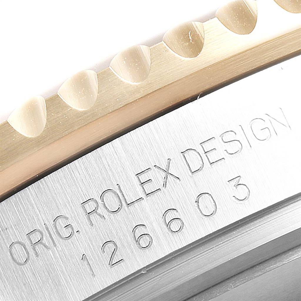 The image shows a close-up of the side engraving and bezel of a Rolex Sea-Dweller 126603 Men's Steel and Gold (two tone) Black Dial 126603 Men's Steel and Gold (two tone) Black Dial model, highlighting the model number 126603.