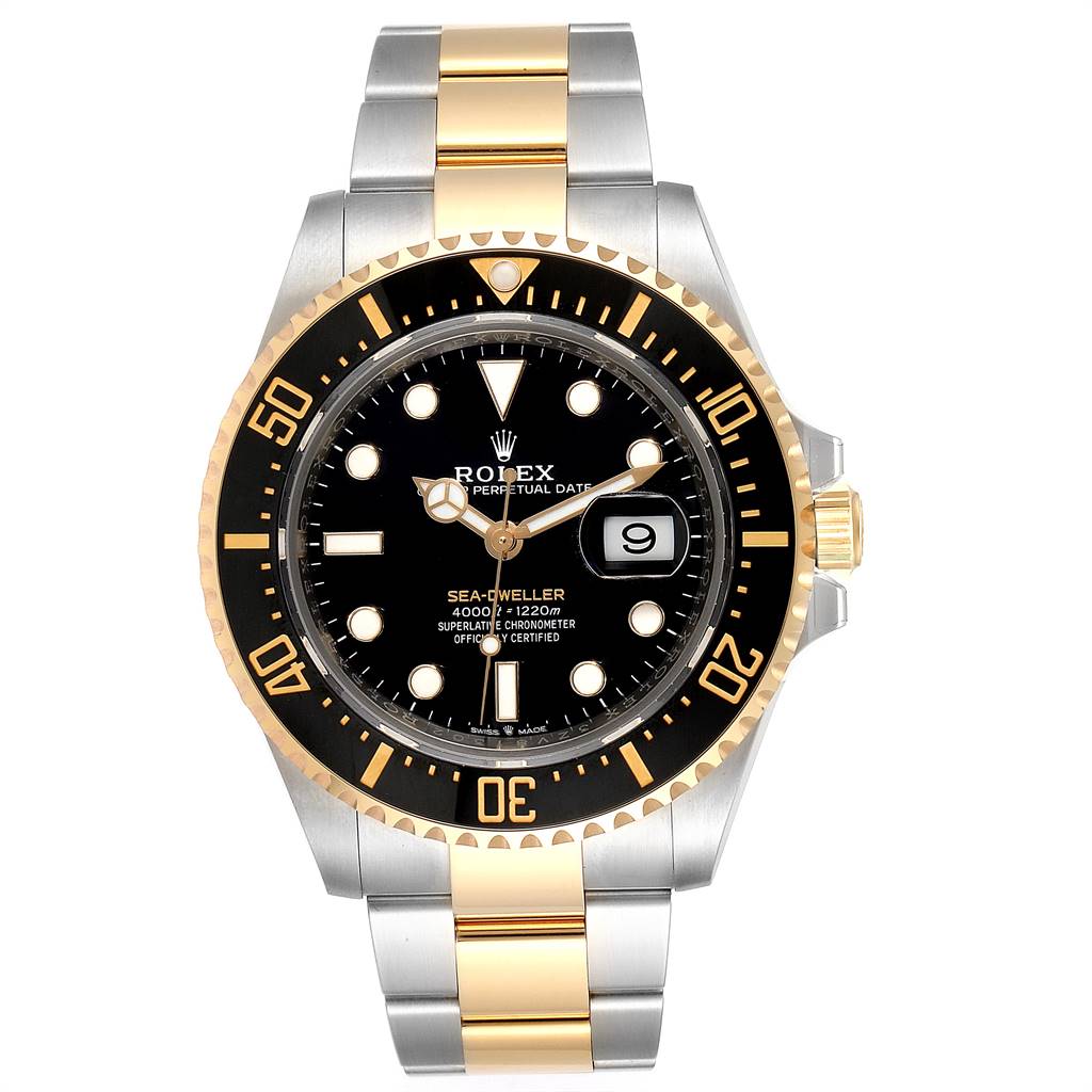 The image shows a Rolex Sea-Dweller 126603 Men's Steel and Gold (two tone) Black Dial 126603 Men's Steel and Gold (two tone) Black Dial watch from a front angle, displaying the face, bezel, and bracelet.