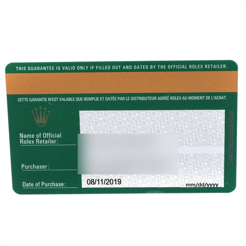 This image shows the warranty card for the Rolex Sea-Dweller 126603 Men's Steel and Gold (two tone) Black Dial 126603 Men's Steel and Gold (two tone) Black Dial, indicating the date of purchase and retailer information.