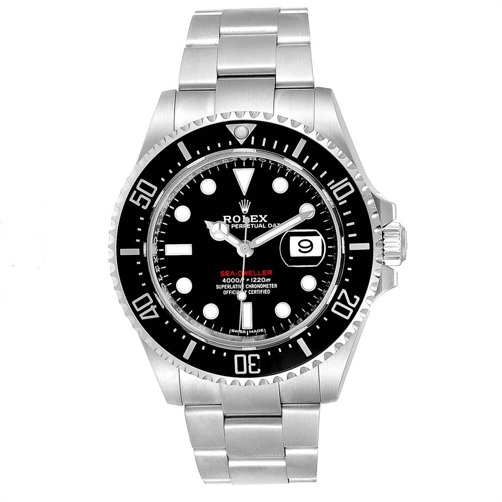 The image shows a front view of a Rolex Sea-Dweller 126600 Men
s Stainless Steel Black Dial 126600 Men
s Stainless Steel Black Dial watch, displaying its dial, bezel, and stainless steel bracelet.