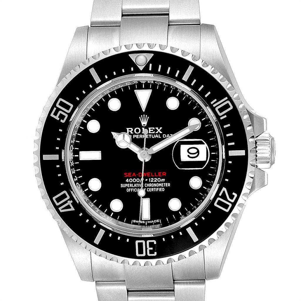 This image shows a frontal view of the Rolex Sea-Dweller 126600 Men
s Stainless Steel Black Dial 126600 Men
s Stainless Steel Black Dial watch, highlighting its bezel, dial, hands, and bracelet.
