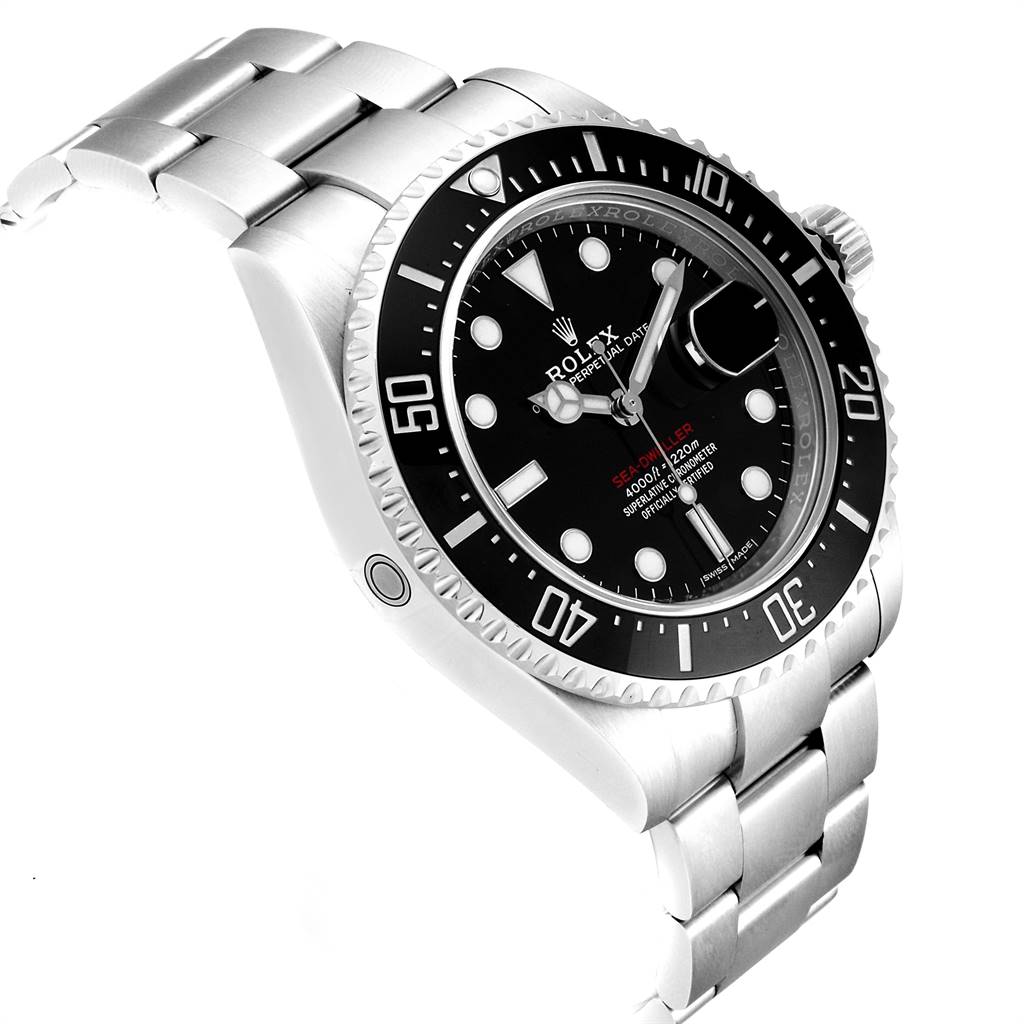 The image shows a Rolex Sea-Dweller 126600 Men
s Stainless Steel Black Dial 126600 Men
s Stainless Steel Black Dial watch angled to display the face, bezel, and part of the bracelet.