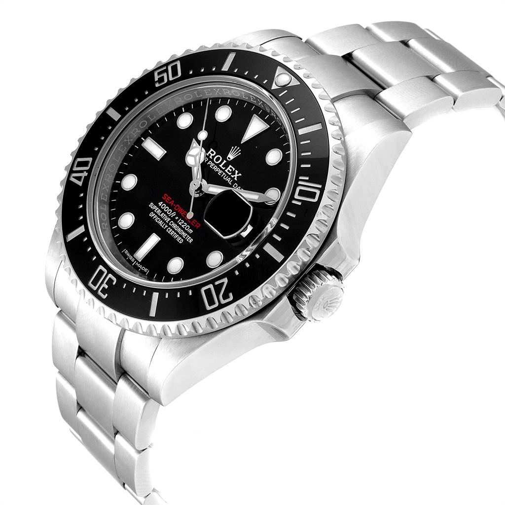 The image shows a Rolex Sea-Dweller 126600 Men
s Stainless Steel Black Dial 126600 Men
s Stainless Steel Black Dial watch at an angled side view, highlighting the bezel, dial, bracelet, and crown.