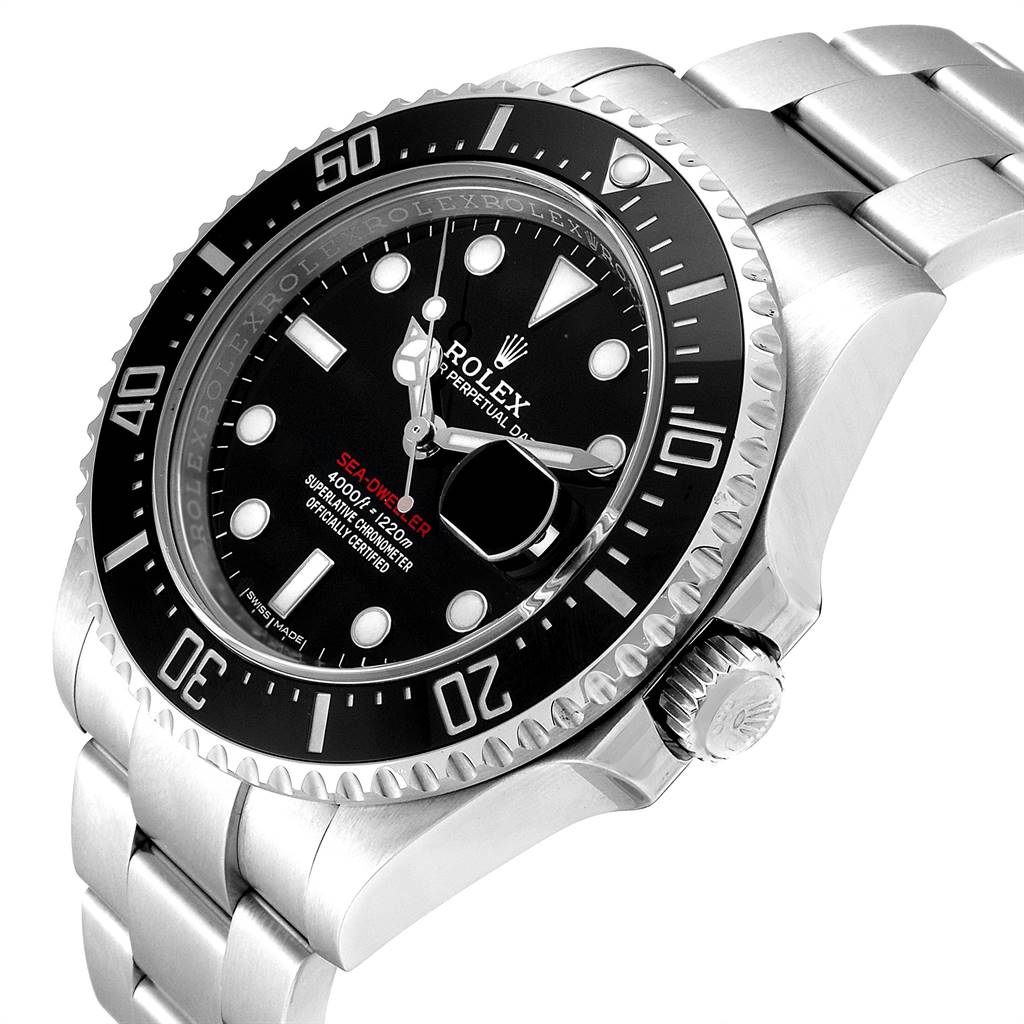 The image shows a close-up angled view of the Rolex Sea-Dweller 126600 Men
s Stainless Steel Black Dial 126600 Men
s Stainless Steel Black Dial watch, highlighting its bezel, dial, crown, and bracelet.