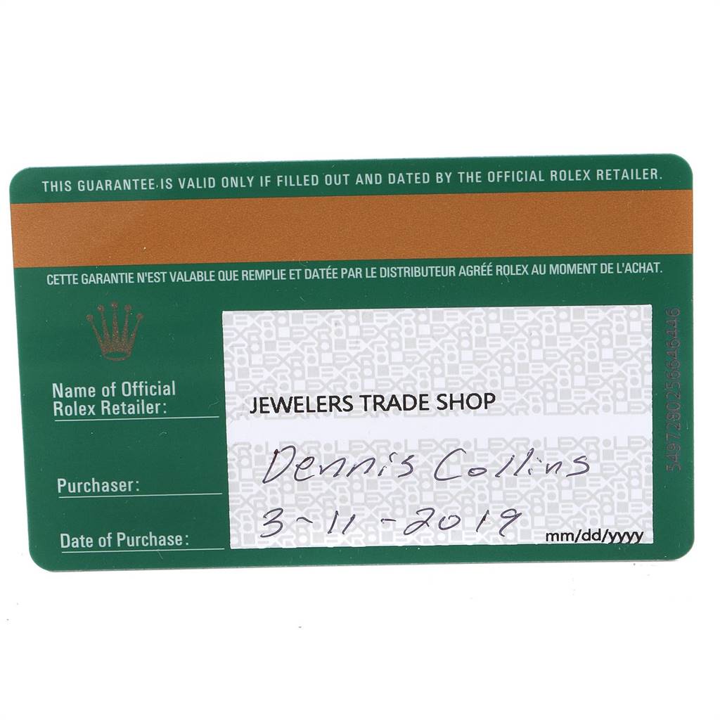 This image shows the official guarantee card for a Rolex Sea-Dweller 126600 Men
s Stainless Steel Black Dial 126600 Men
s Stainless Steel Black Dial watch, with purchase and retailer information.