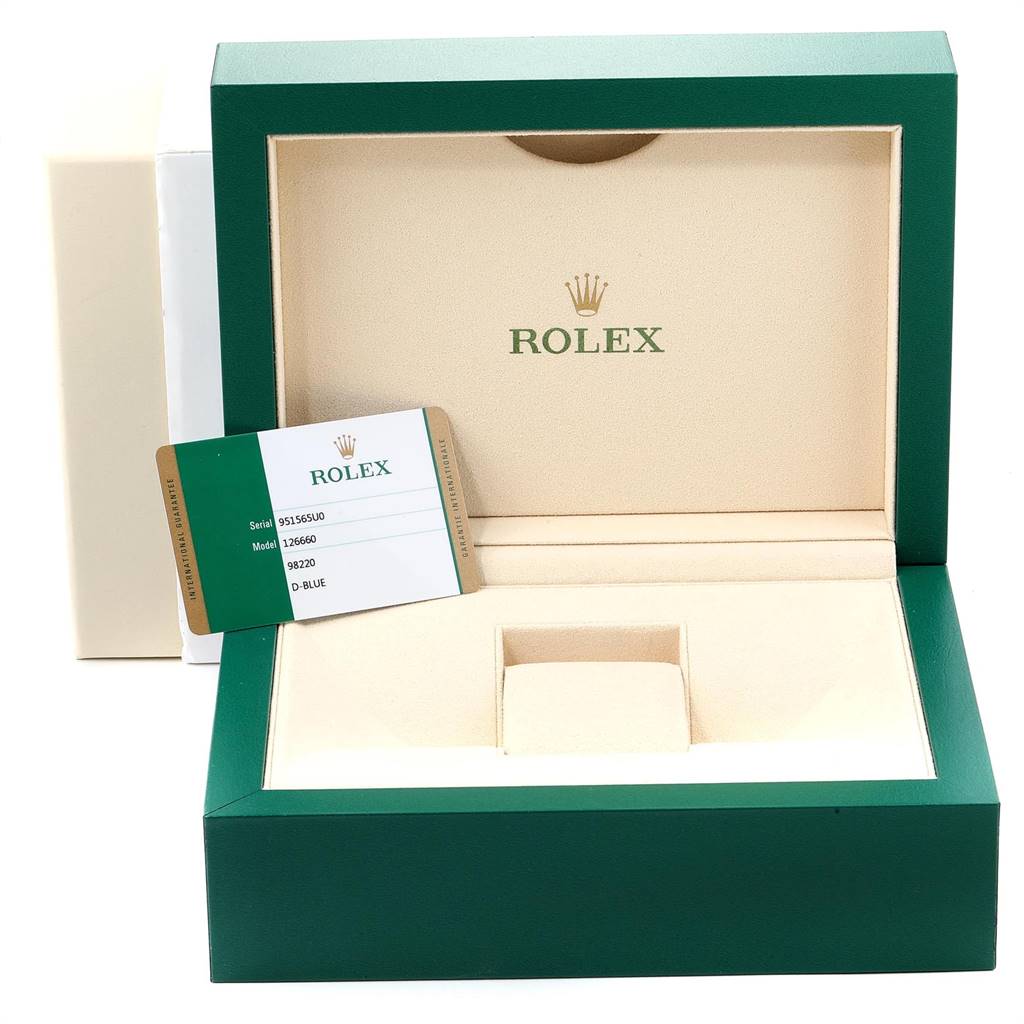 The image shows an open green and beige Rolex box for the Sea-Dweller model along with the Best Quality
ation card.