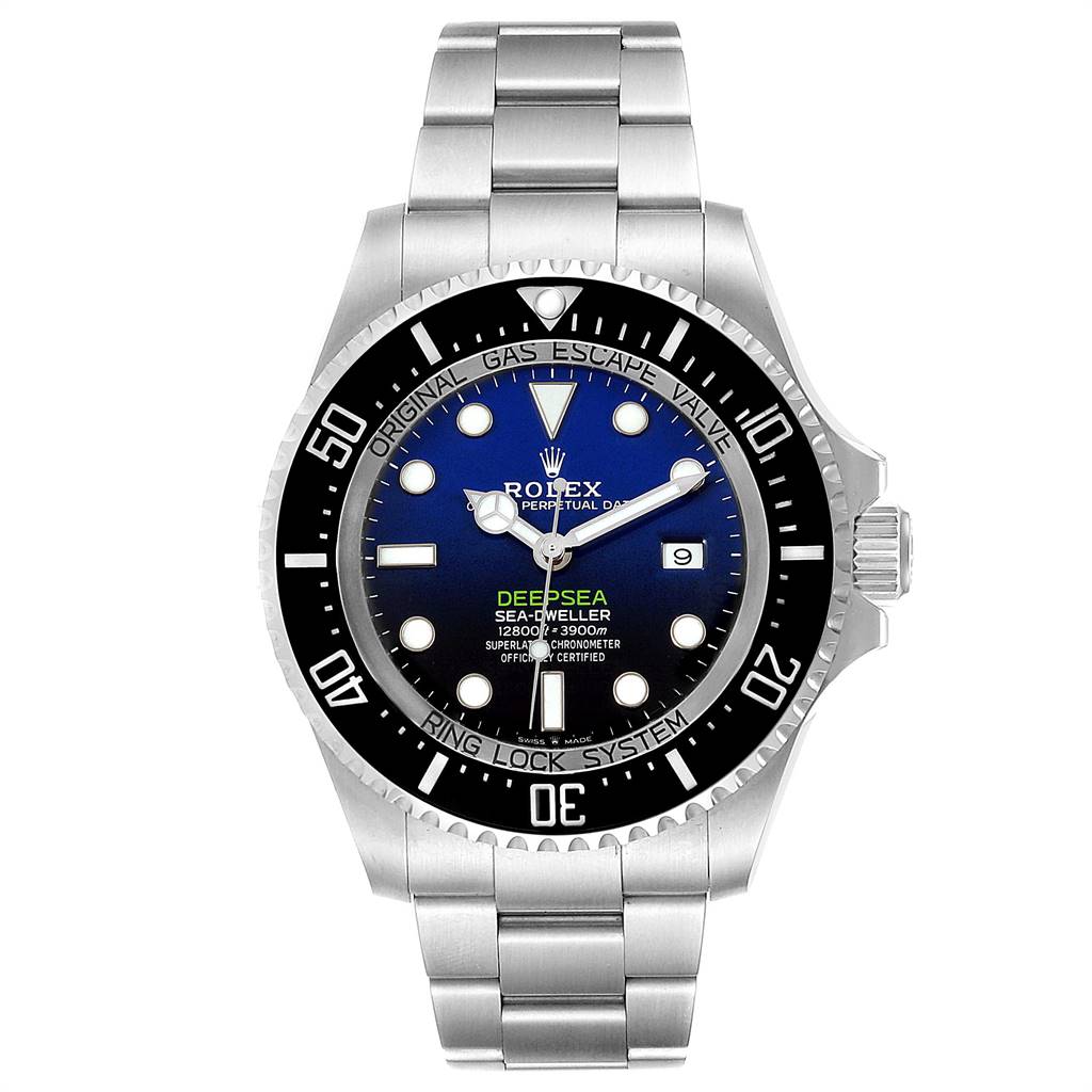 This image shows a front view of the Rolex Sea-Dweller 126660 Men
s Stainless Steel Blue Dial 126660 Men
s Stainless Steel Blue Dial Deepsea watch, displaying its dial, bezel, and bracelet.