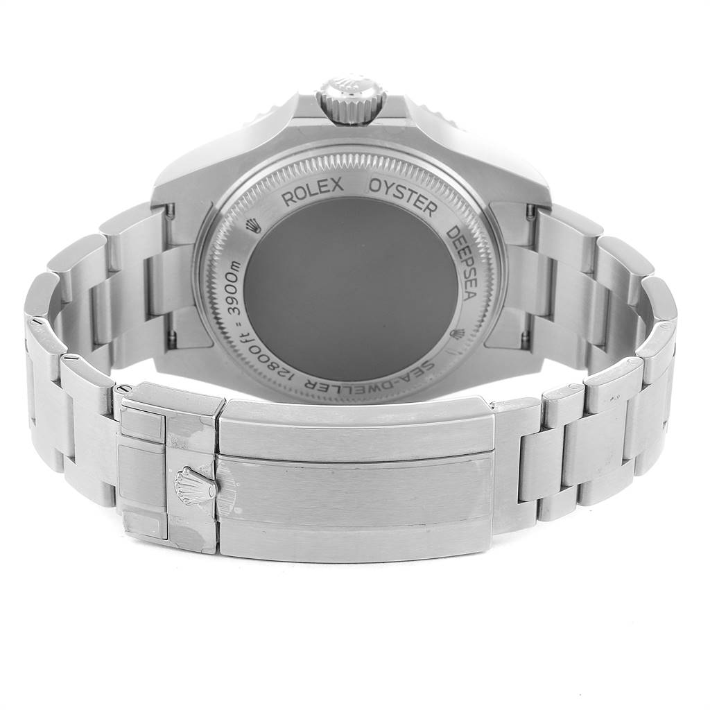 The image shows the back and clasp of the Rolex Sea-Dweller 126660 Men
s Stainless Steel Blue Dial 126660 Men
s Stainless Steel Blue Dial watch with an emphasis on the bracelet and case back.