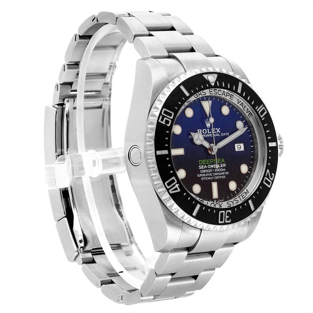 The Rolex Sea-Dweller 126660 Men
s Stainless Steel Blue Dial 126660 Men
s Stainless Steel Blue Dial watch is displayed at a slight angle, showcasing its face, bezel, bracelet, and side profile.