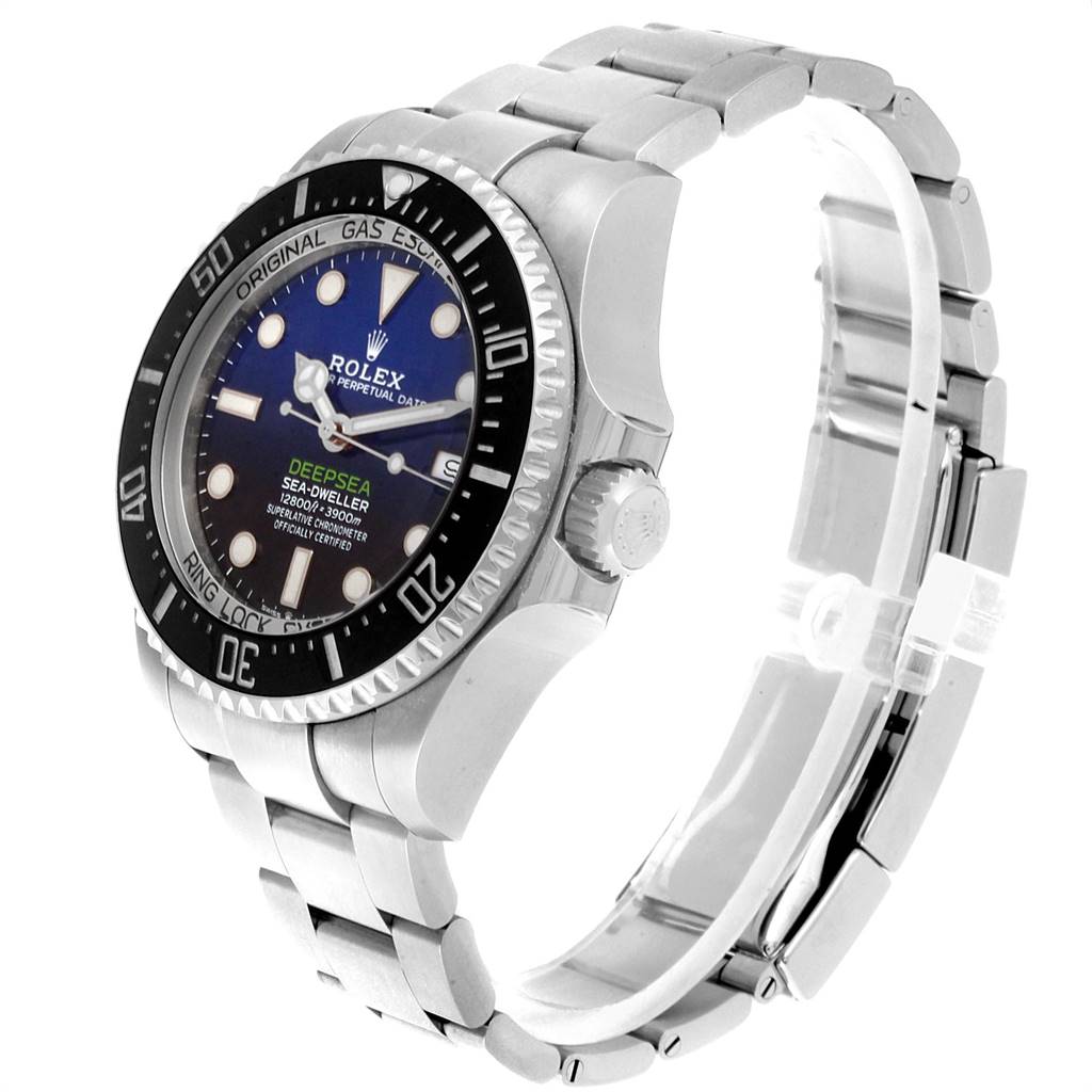 This image shows a Rolex Sea-Dweller 126660 Men
s Stainless Steel Blue Dial 126660 Men
s Stainless Steel Blue Dial watch at a three-quarter angle, highlighting the dial, bezel, crown, and bracelet.