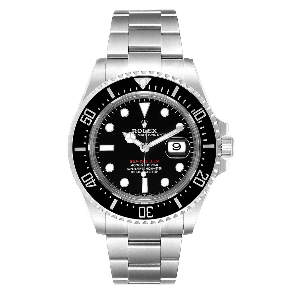 The image shows a front view of a Rolex Sea-Dweller 126600 Men
s Stainless Steel Black Dial 126600 Men
s Stainless Steel Black Dial watch, detailing the dial, bezel, and bracelet.