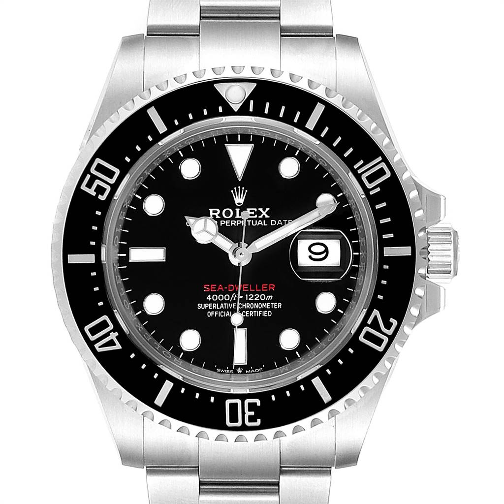 The image shows a front view of the Rolex Sea-Dweller 126600 Men
s Stainless Steel Black Dial 126600 Men
s Stainless Steel Black Dial watch, highlighting its dial, bezel, and bracelet.
