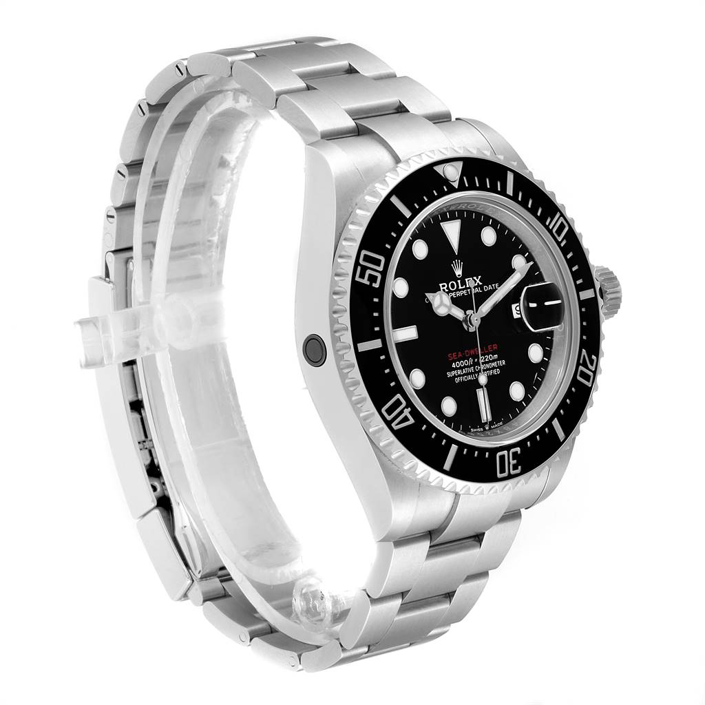 The image shows a Rolex Sea-Dweller 126600 Men
s Stainless Steel Black Dial 126600 Men
s Stainless Steel Black Dial watch from a slight side angle, highlighting the face, bezel, and bracelet.