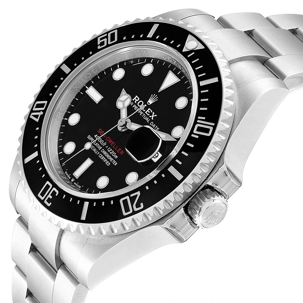 The image shows a Rolex Sea-Dweller 126600 Men
s Stainless Steel Black Dial 126600 Men
s Stainless Steel Black Dial watch from a side angle, highlighting the bezel, dial, and part of the bracelet.