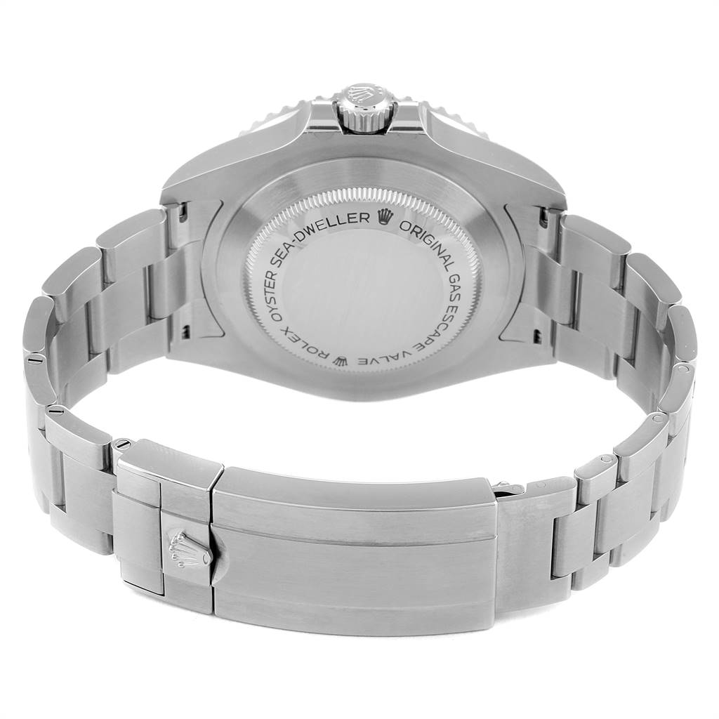 This image shows the back view of a Rolex Sea-Dweller 126600 Men
s Stainless Steel Black Dial 126600 Men
s Stainless Steel Black Dial watch, highlighting its case back and bracelet.