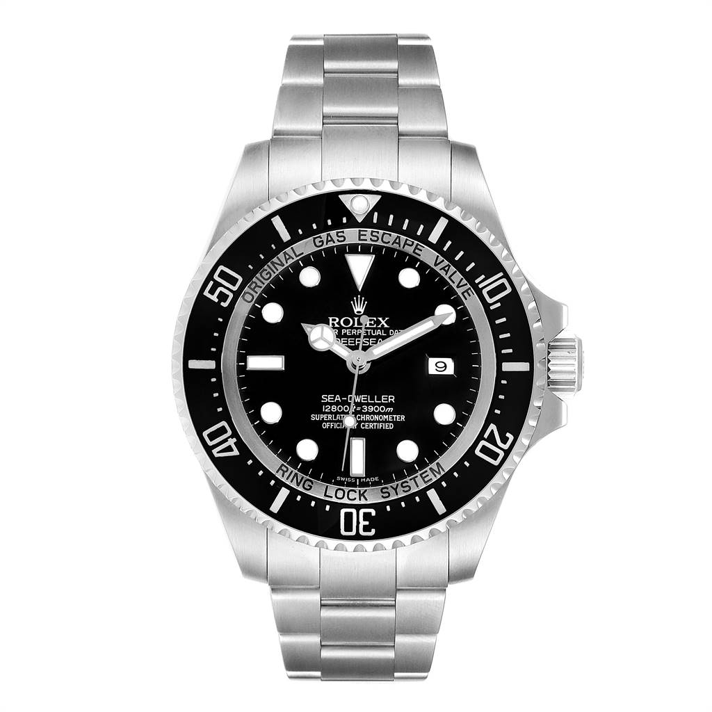 The Rolex Sea-Dweller 116660 Men
s Stainless Steel Black Dial 116660 Men
s Stainless Steel Black Dial watch is shown from a top-down angle, highlighting its face, bezel, and bracelet.