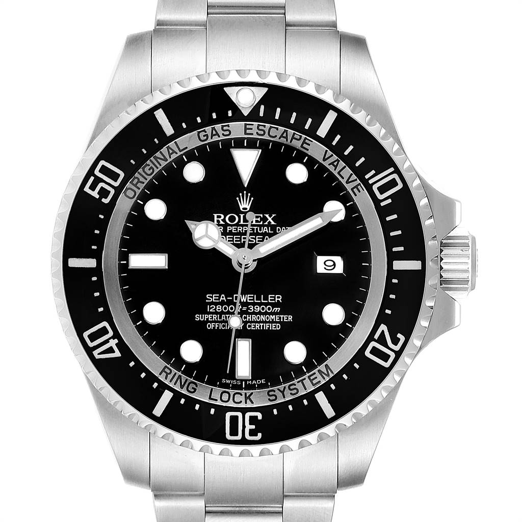This is a front view of the Rolex Sea-Dweller 116660 Men
s Stainless Steel Black Dial 116660 Men
s Stainless Steel Black Dial watch showing the dial, bezel, crown, and part of the bracelet.