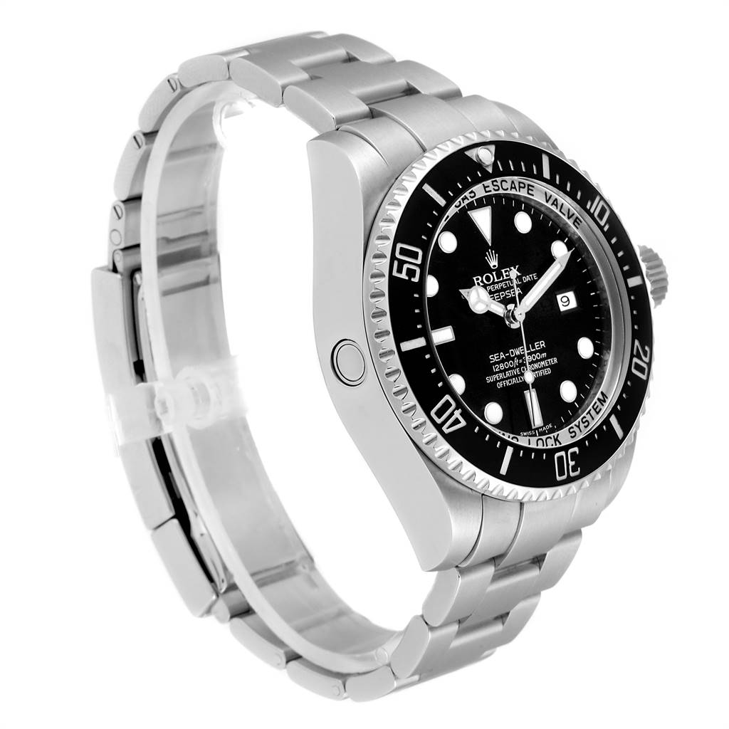 The image shows a Rolex Sea-Dweller 116660 Men
s Stainless Steel Black Dial 116660 Men
s Stainless Steel Black Dial watch at an angled side view, highlighting its face, bezel, and bracelet.