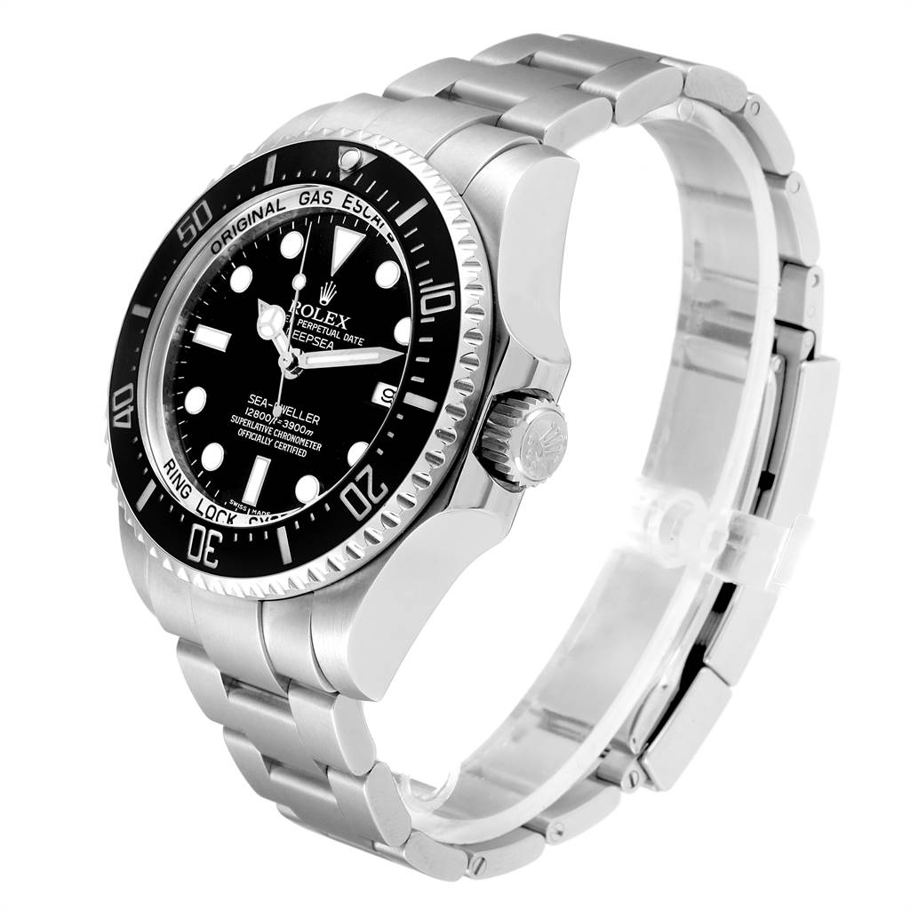 The image shows the Rolex Sea-Dweller 116660 Men
s Stainless Steel Black Dial 116660 Men
s Stainless Steel Black Dial watch at a three-quarter angle, highlighting the face, bezel, crown, and bracelet.