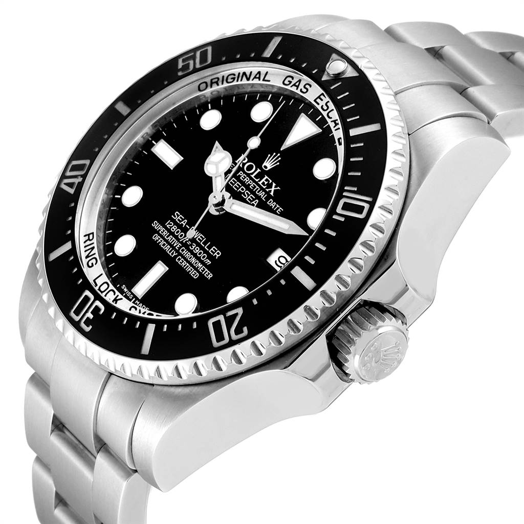 This image shows a close-up, angled view of the Rolex Sea-Dweller 116660 Men
s Stainless Steel Black Dial 116660 Men
s Stainless Steel Black Dial watch, highlighting the bezel, dial, crown, and part of the bracelet.