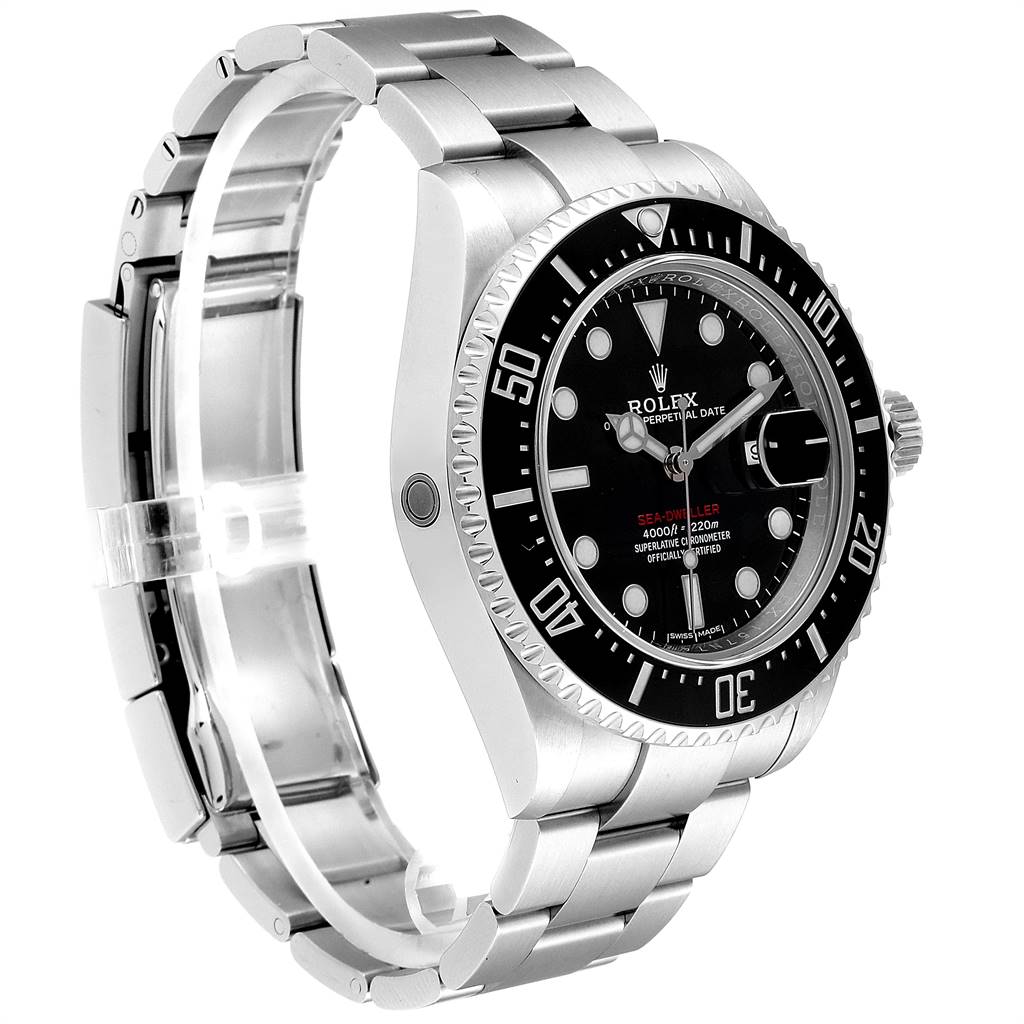 This image shows a Rolex Sea-Dweller 126600 Men
s Stainless Steel Black Dial 126600 Men
s Stainless Steel Black Dial watch at a three-quarter angle, highlighting its bezel, dial, and bracelet.