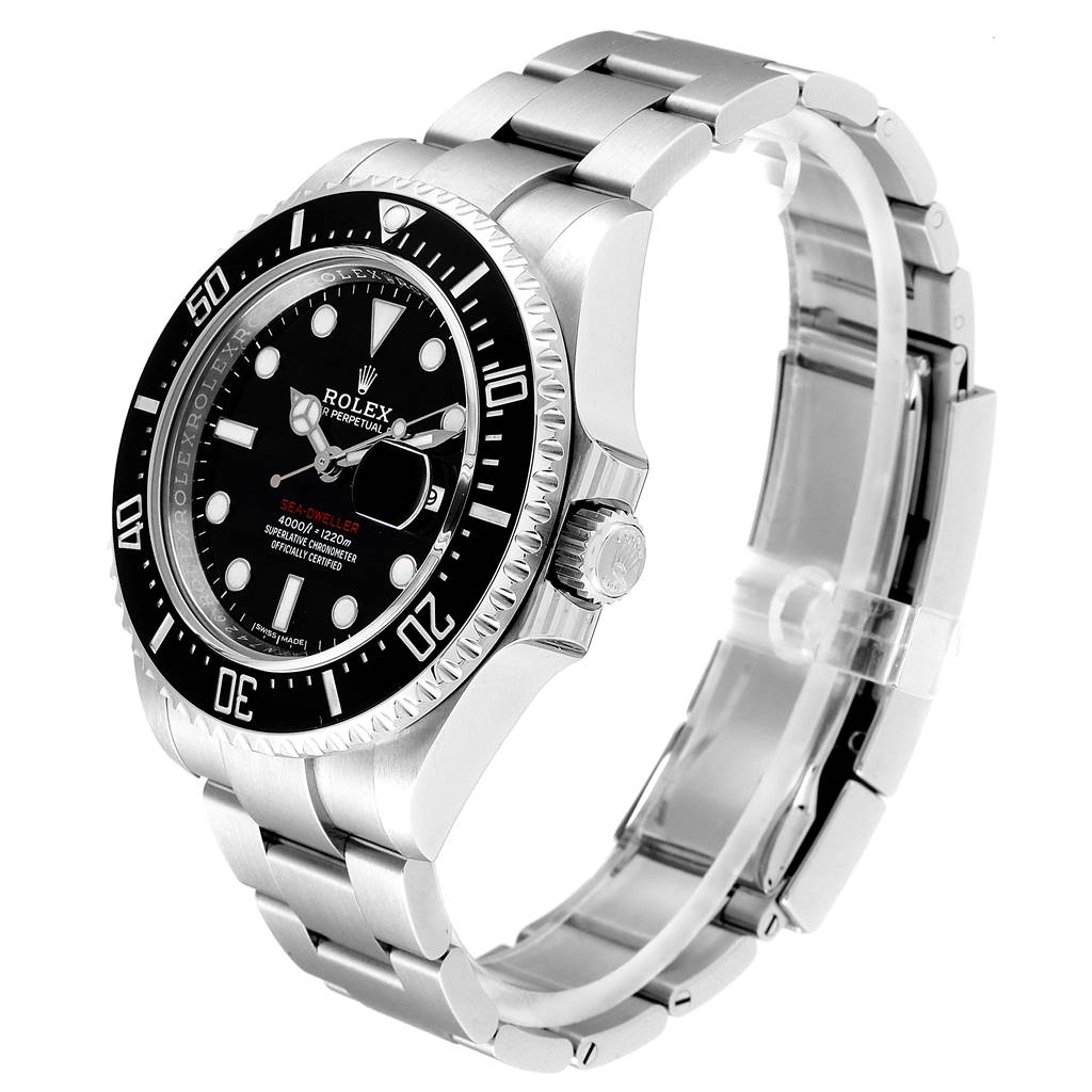 The Rolex Sea-Dweller 126600 Men
s Stainless Steel Black Dial 126600 Men
s Stainless Steel Black Dial watch is shown from an angled side view, highlighting the dial, bezel, crown, and bracelet.