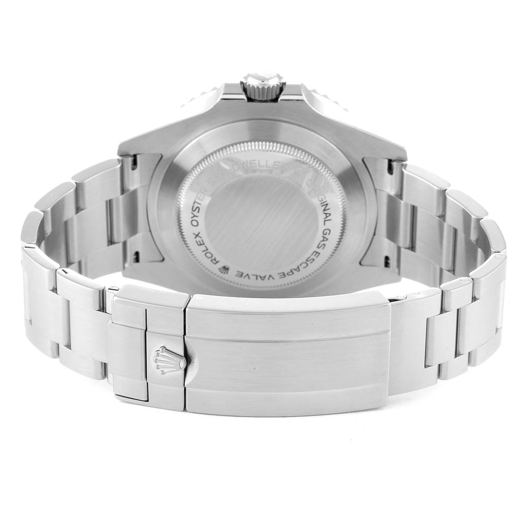 The image shows the back of a Rolex Sea-Dweller 126600 Men
s Stainless Steel Black Dial 126600 Men
s Stainless Steel Black Dial watch, including the case back and the metal bracelet with a clasp.