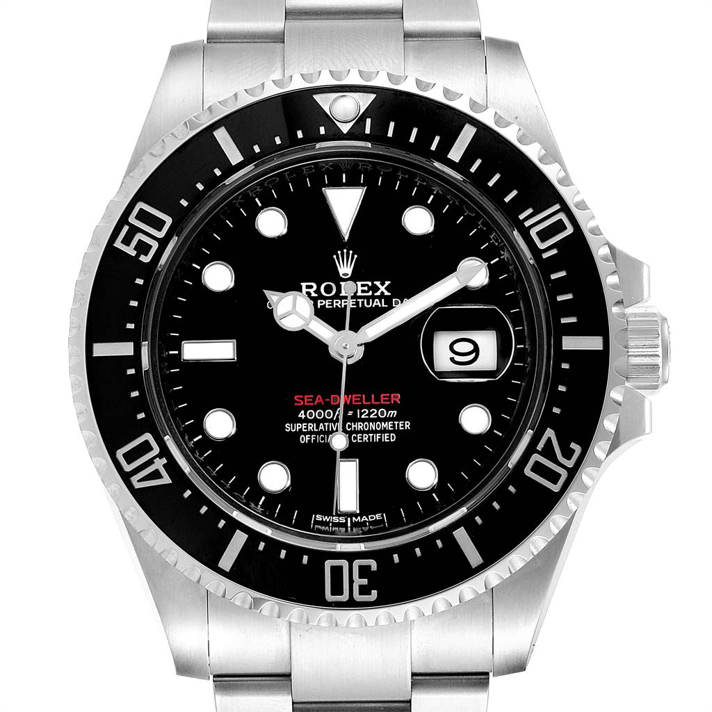 This image shows a frontal view of the Rolex Sea-Dweller 126600 Men
s Stainless Steel Black Dial 126600 Men
s Stainless Steel Black Dial watch, featuring its dial, bezel, and bracelet.