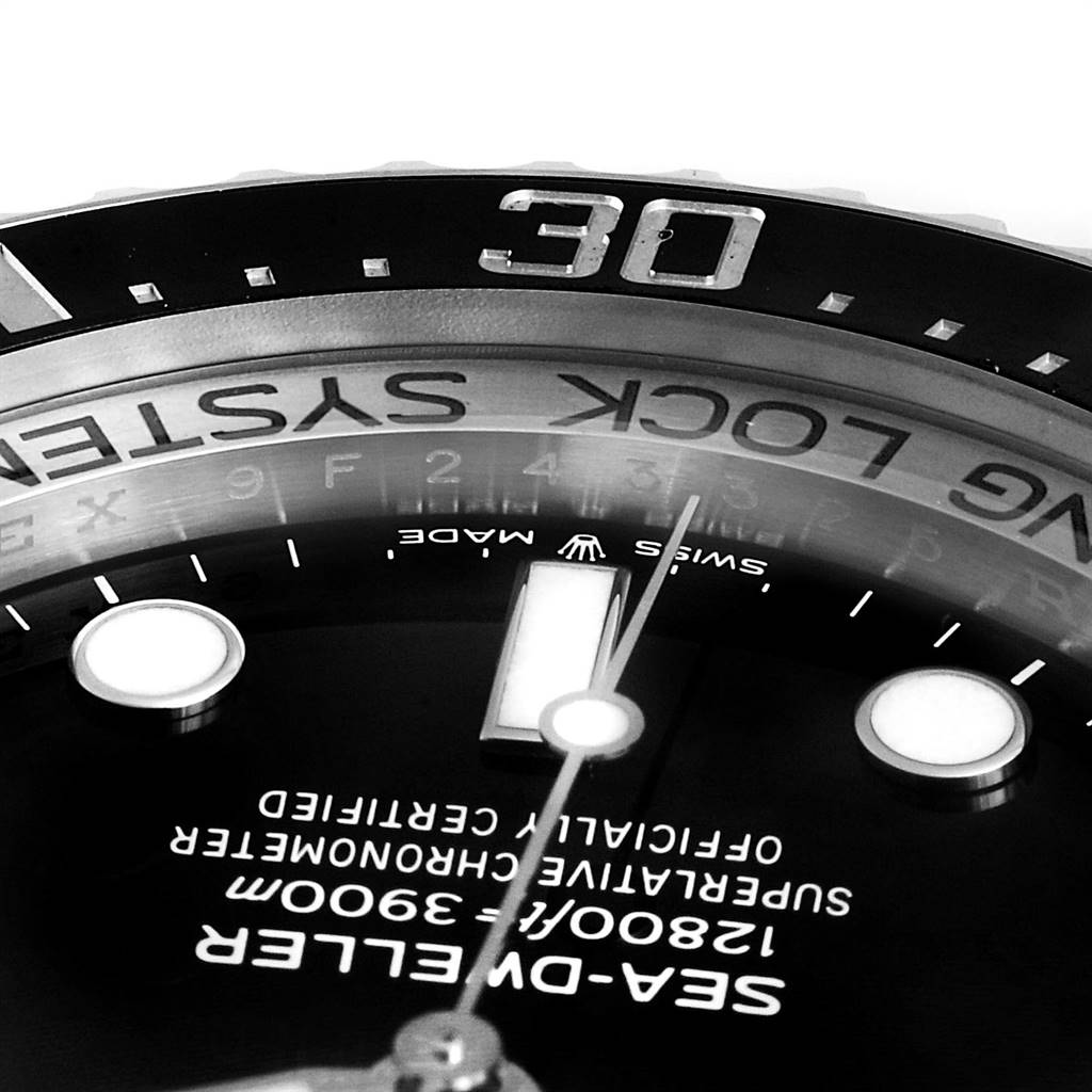 The image shows a close-up of the dial and bezel of the Rolex Sea-Dweller 126660 Men
s Stainless Steel Black Dial 126660 Men
s Stainless Steel Black Dial watch, focusing on the "30" marker and text on the dial.