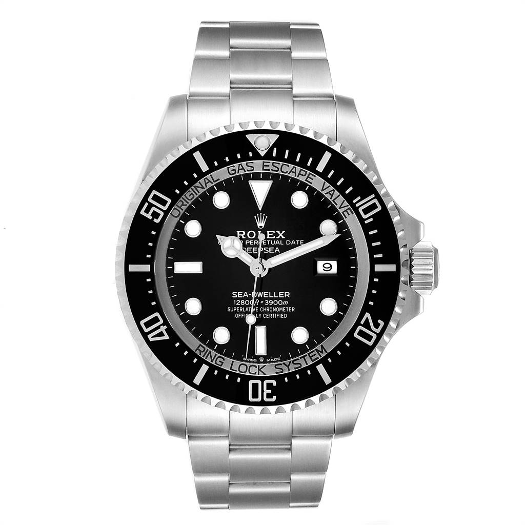 This image shows a front view of the Rolex Sea-Dweller 126660 Men
s Stainless Steel Black Dial 126660 Men
s Stainless Steel Black Dial watch, showcasing its dial, bezel, and bracelet.