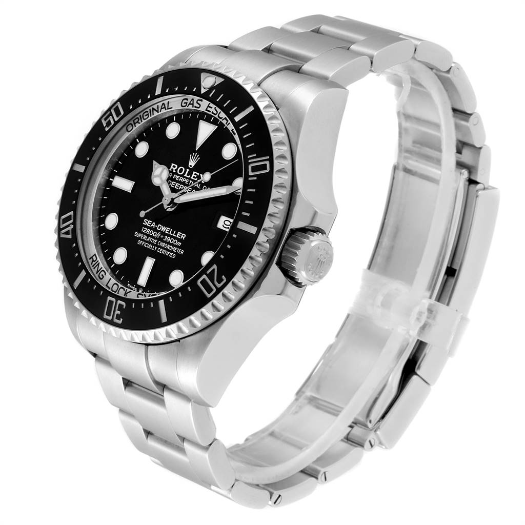 The Rolex Sea-Dweller 126660 Men
s Stainless Steel Black Dial 126660 Men
s Stainless Steel Black Dial watch is shown at a side angle, highlighting the face, bezel, crown, and bracelet.
