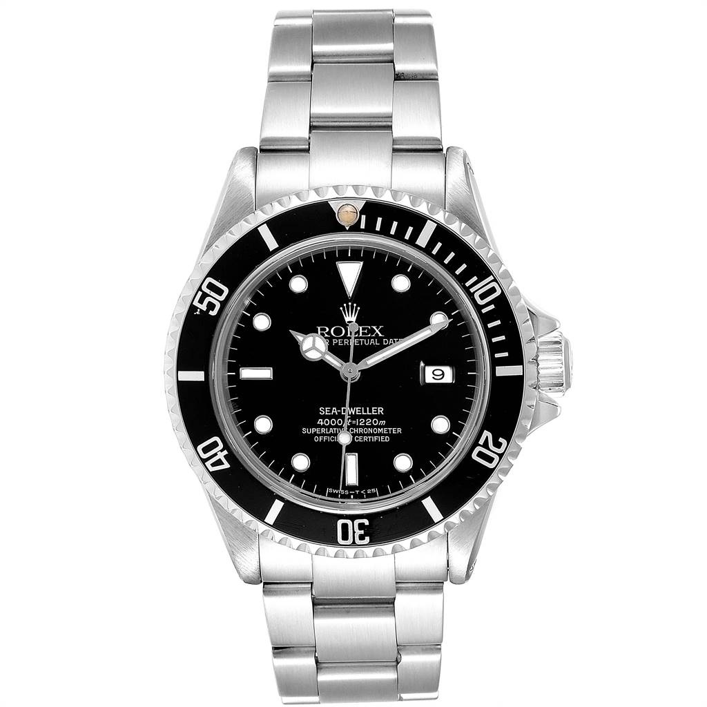 This image shows a front view of a Rolex Sea-Dweller 16600 Men
s Stainless Steel Black Dial 16600 Men
s Stainless Steel Black Dial watch displaying its dial, bezel, and stainless steel bracelet.
