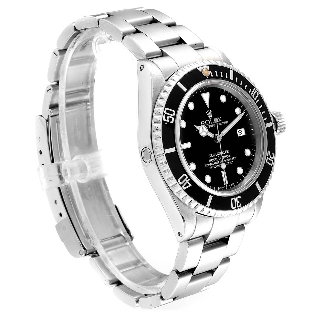 The Rolex Sea-Dweller 16600 Men
s Stainless Steel Black Dial 16600 Men
s Stainless Steel Black Dial watch is shown at an angled side view, highlighting its bezel, dial, bracelet, and clasp.
