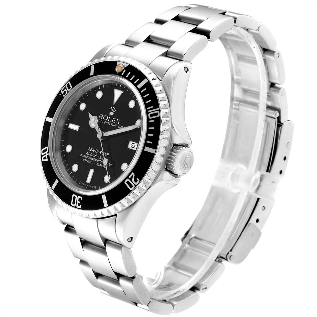 The Rolex Sea-Dweller 16600 Men
s Stainless Steel Black Dial 16600 Men
s Stainless Steel Black Dial watch is shown at an angled side view, showcasing the dial, bezel, crown, and bracelet.