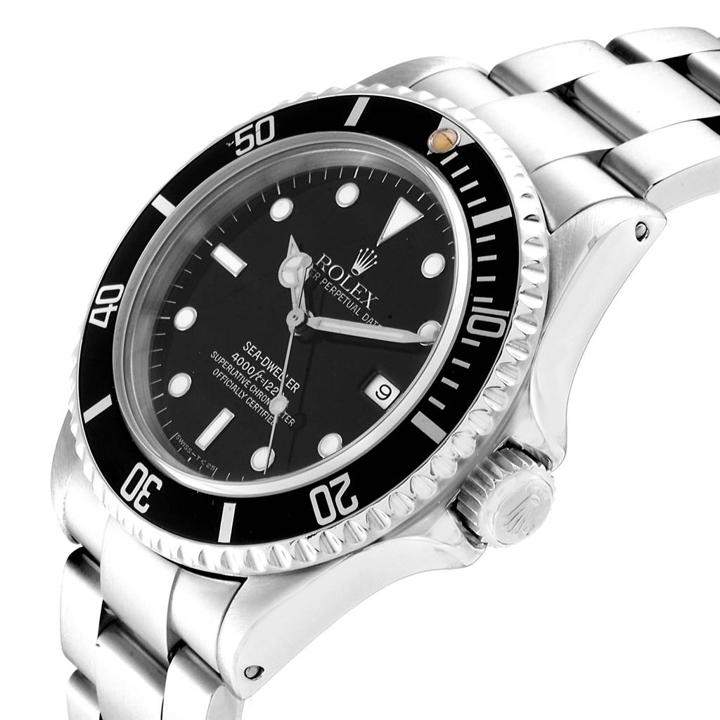 The image shows a Rolex Sea-Dweller 16600 Men
s Stainless Steel Black Dial 16600 Men
s Stainless Steel Black Dial watch at an angle highlighting its face, bezel, and part of the bracelet.