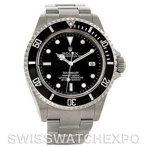 The image shows a front-facing view of a Rolex Sea-Dweller 16600 Men's Stainless Steel Black Dial 16600 Men's Stainless Steel Black Dial watch, displaying the dial, bezel, case, and part of the bracelet.