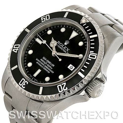 The image shows a Rolex Sea-Dweller 16600 Men's Stainless Steel Black Dial 16600 Men's Stainless Steel Black Dial watch at a slightly tilted angle, highlighting the bezel, dial, crown, and part of the bracelet.