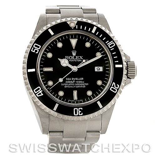 This image shows a front view of a Rolex Sea-Dweller 16600T Men's Stainless Steel Black Dial 16600T Men's Stainless Steel Black Dial watch, highlighting the dial, bezel, crown, and bracelet.