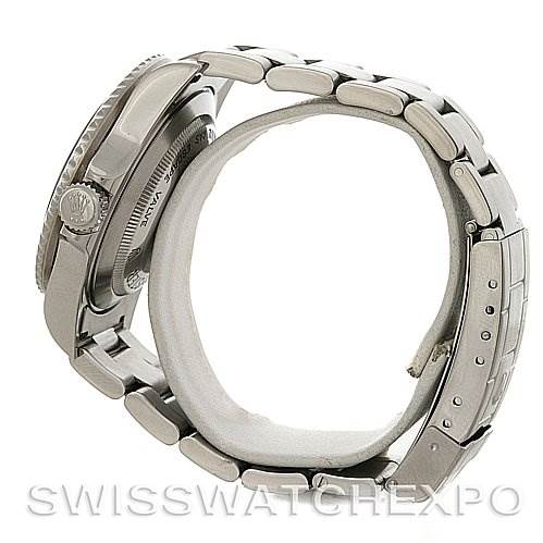 This image shows a side view of the Rolex Sea-Dweller 16600T Men's Stainless Steel Black Dial 16600T Men's Stainless Steel Black Dial watch, highlighting the bracelet and part of the case with the crown.