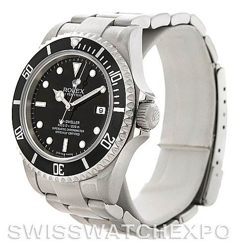 The image shows a side angle of a Rolex Sea-Dweller 16600 Men's Stainless Steel Black Dial 16600 Men's Stainless Steel Black Dial watch featuring its bezel, crown, dial, and bracelet.
