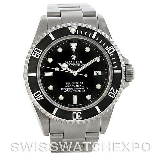 This image shows a Rolex Sea-Dweller 16600 Men's Stainless Steel Black Dial 16600 Men's Stainless Steel Black Dial watch from the front, highlighting its black dial, rotating bezel, and stainless steel bracelet.
