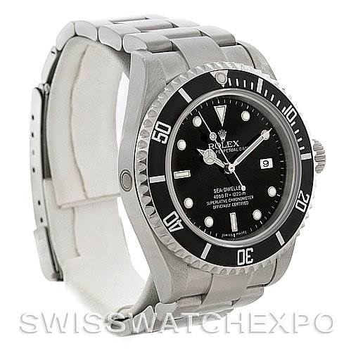 This image shows a front angle of the Rolex Sea-Dweller 16600 Men's Stainless Steel Black Dial 16600 Men's Stainless Steel Black Dial watch, highlighting its bezel, dial, bracelet, and side crown.