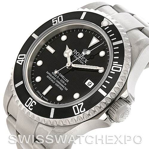 The image shows a side angle of the Rolex Sea-Dweller 16600 Men's Stainless Steel Black Dial 16600 Men's Stainless Steel Black Dial watch, highlighting its face, bezel, crown, and part of the bracelet.